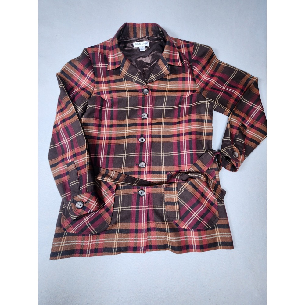 Pendleton Womens Brown Burgundy Plaid Virgin Wool Belted Jacket Size M